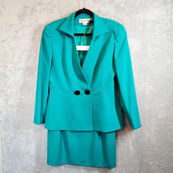 VTG Christian Dior Turquoise Blazer Skirt Suit Set Womens 10 career formal wool - Picture 1 of 16